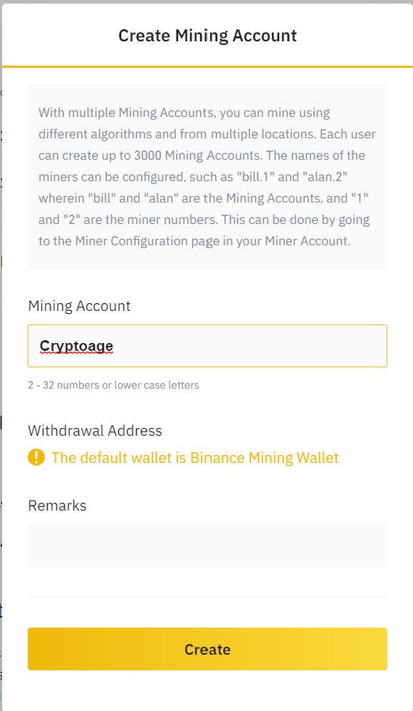 binance mining account create