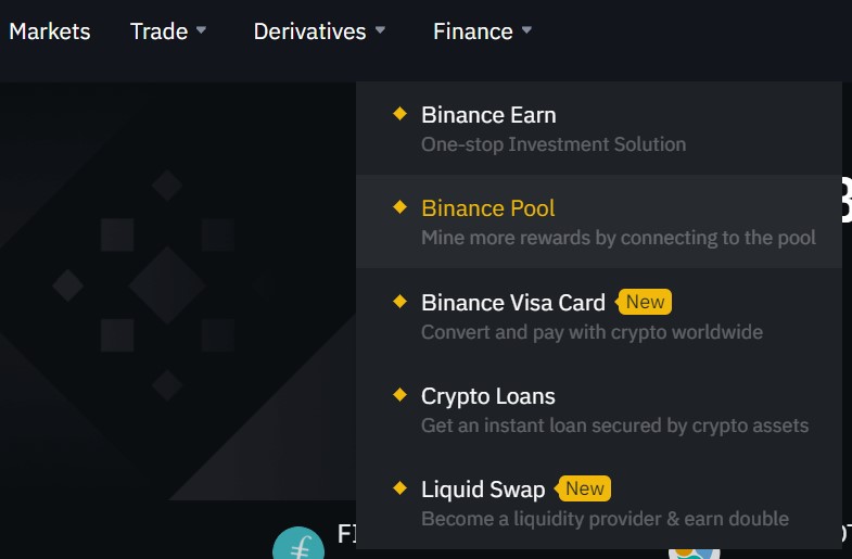 menú de finanzas de binance pool