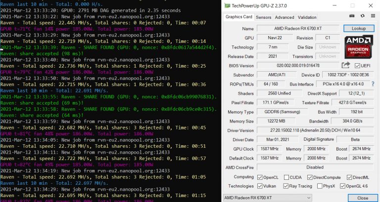 amd radeon rx 6700 xt哈希率kawpow算法挖掘ravencoin