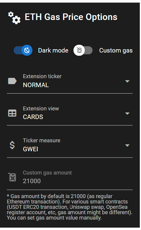 Ethereum gas price browser application settings