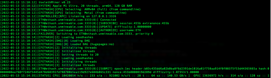 uselethminer apple m1 ultra hashrate ethash