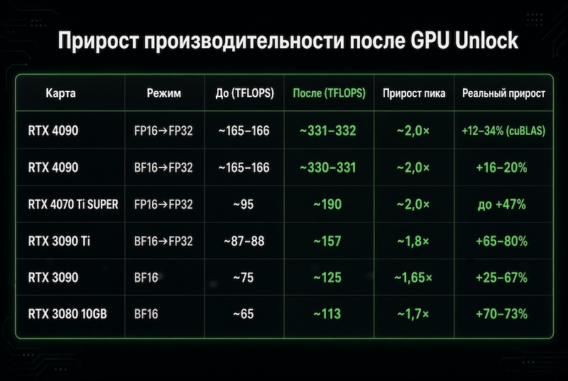 Разблокировка видеокарт FP32 4090 3090 таблица