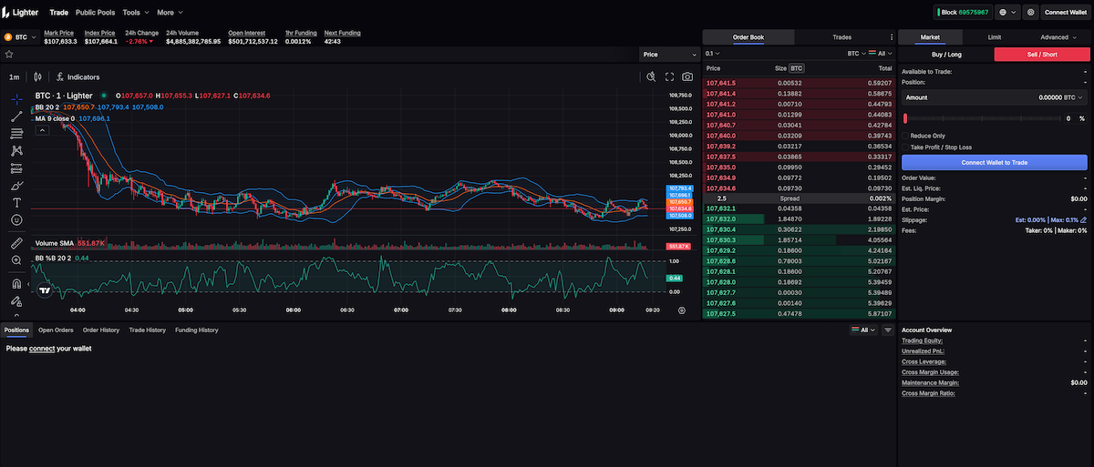 Интерфейс веб-приложения Lighter DEX