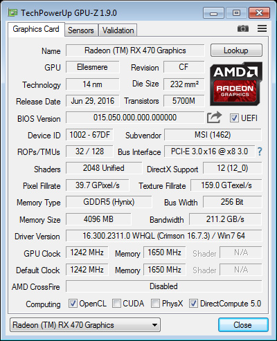 Производительность в майнинге MSI Gaming X AMD Radeon RX 470 4GB