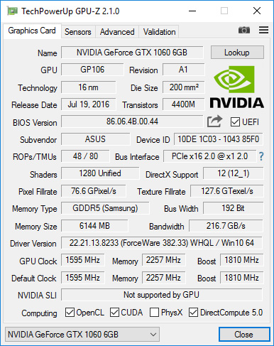 Первый взгляд на ASUS GeForce GTX 1060 OC 6GB 9Gbps