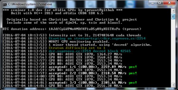 Обновленный ccMiner 1.8-dev форк от tpruvot с оптимизированными Lyra2REv2 и Decred