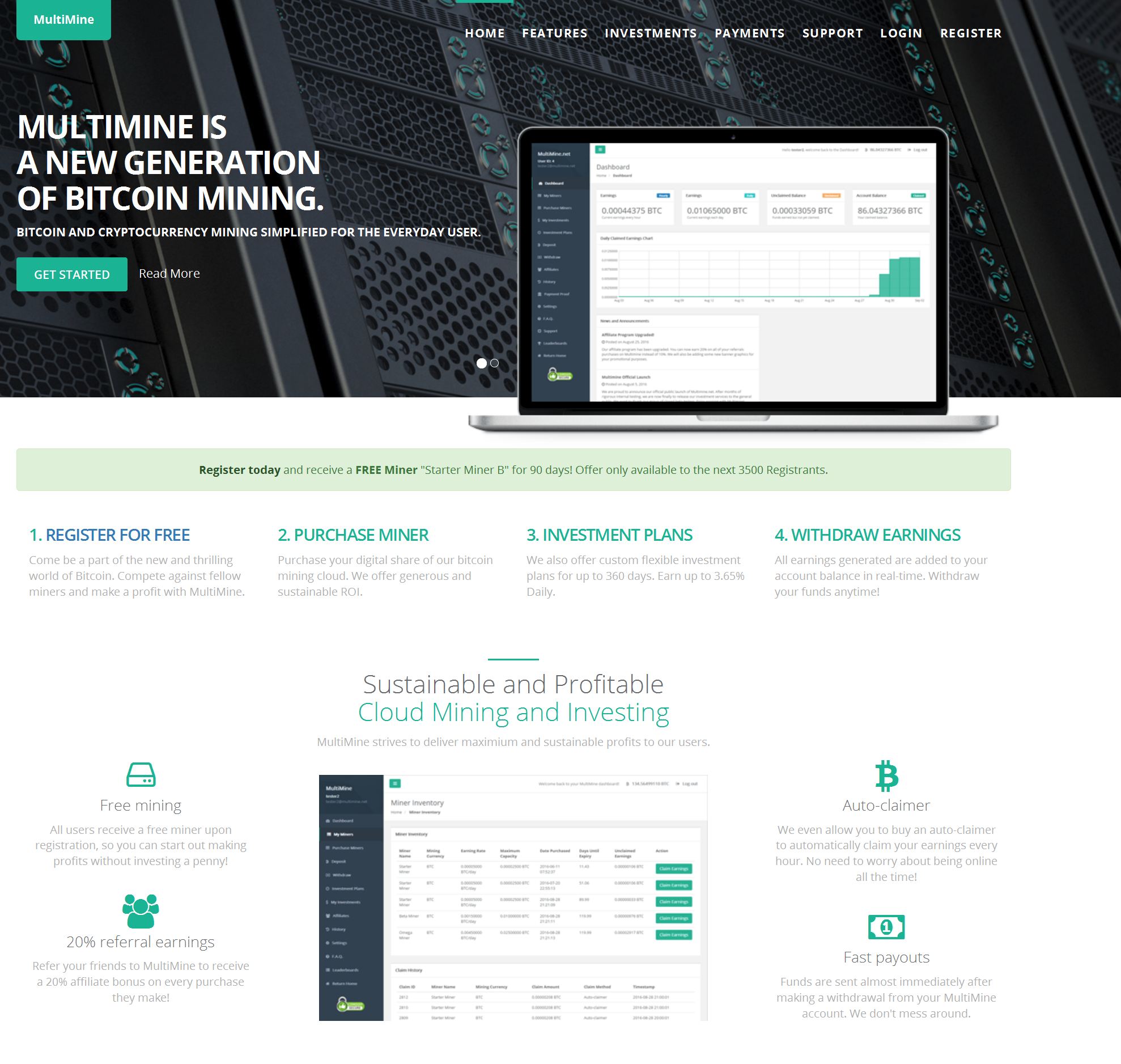 MultiMine: new cloud mining service review. Bonus miner for registration.